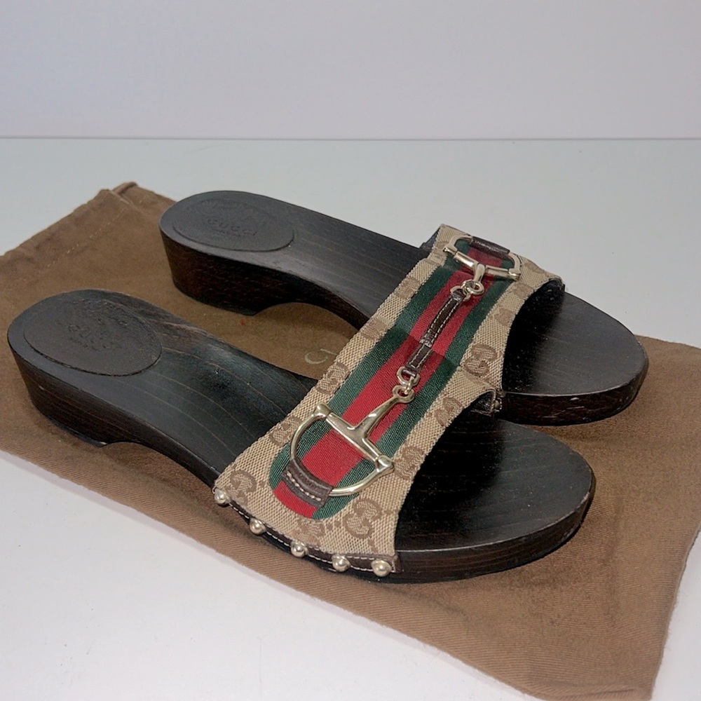 GUCCI Beige/Ebony GG Canvas Signature Web Icon Bit Wood Slide Clog Sandals - Picture 2 of 10